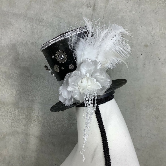 🌺 STEAMPUNK COSTUME MINI TOP HAT TIE CLIP SET COSPLAY GRAY SILVER BUNDLE PARTY - Picture 2 of 12